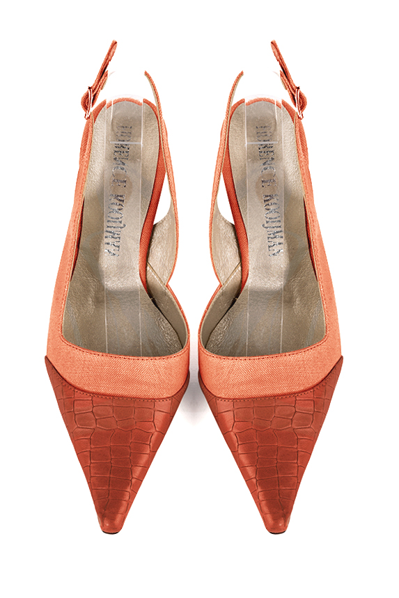 Terracotta orange women's slingback shoes. Pointed toe. High spool heels. Top view - Florence KOOIJMAN